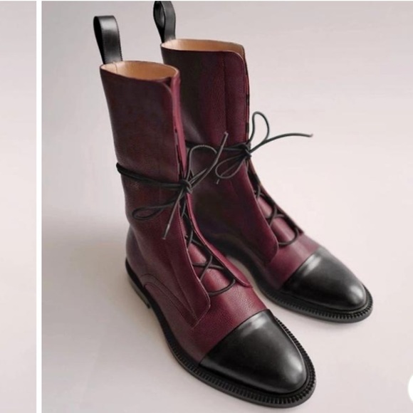 New! Vintage Style Combat Lace Up Boots In Wine - Picture 4 of 8